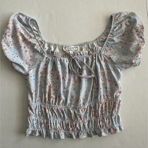 Hippe Rose Crop Top Eyelet Puff Sleeves Light Blue Teen Size Large